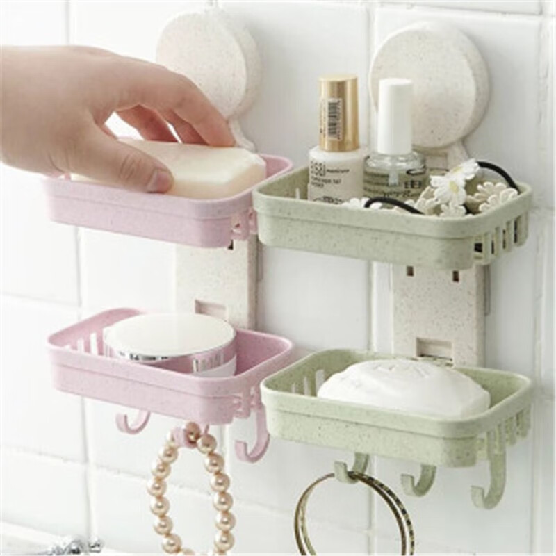 免打孔肥皂盒沥水壁挂香皂架浴室创意置物卫生间小麦秸秆双层皂盒 新款双层沥水肥皂盒（颜色随机）