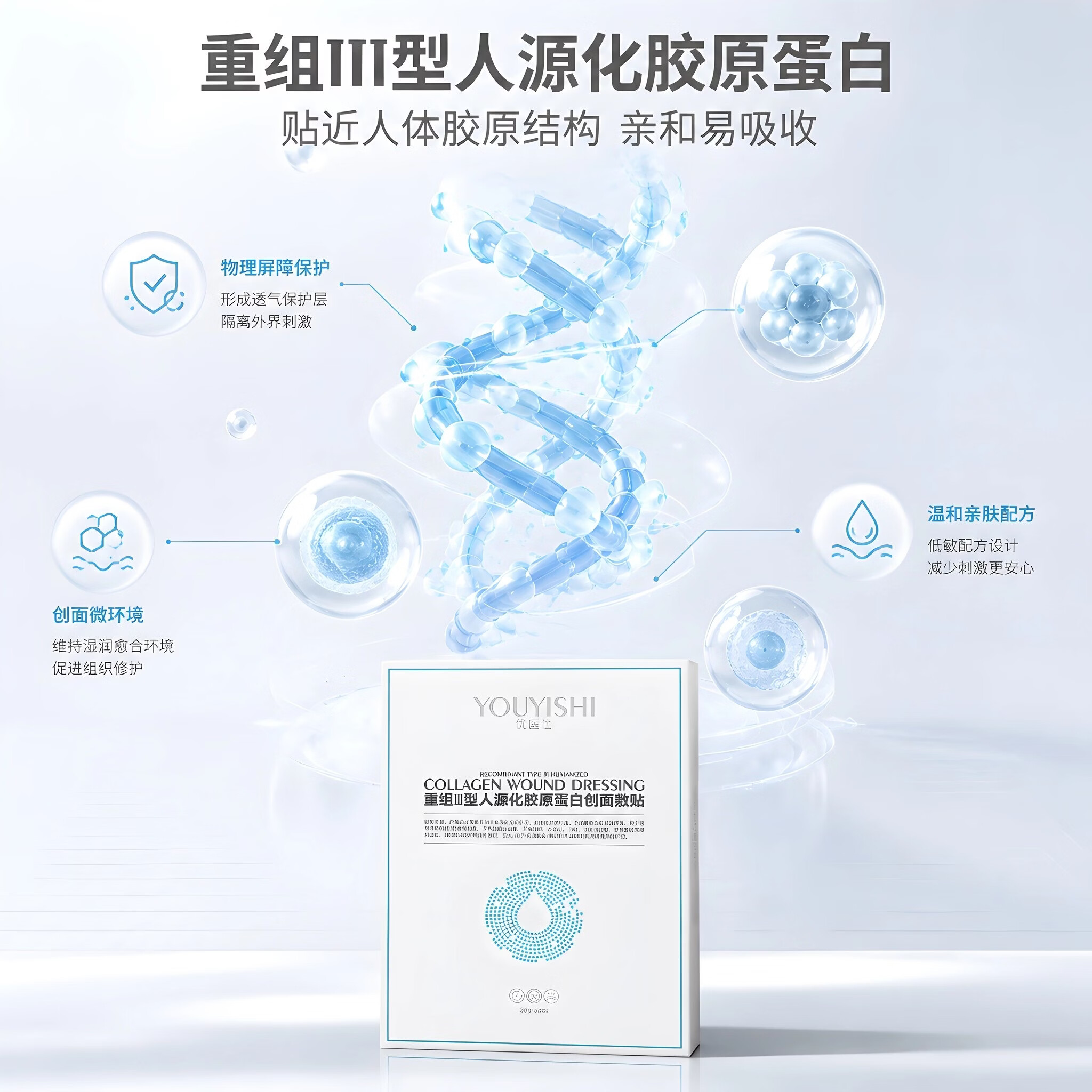 优医仕械字号重组三型人源化胶原蛋白敷料面膜微整形术后烧烫伤创面护理 胶原蛋白敷料面膜4盒+VC泡腾片3支(随机)