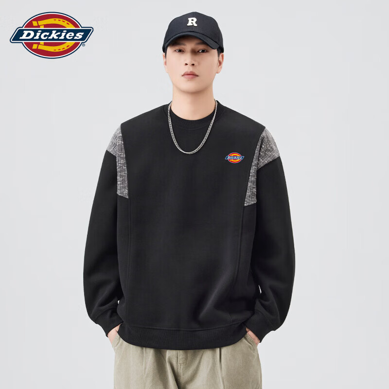 Dickies美式复古休闲圆领卫衣男士2026秋季新款宽松潮牌拼接百搭上衣服装 黑色 【官方正品】 XL 【建议130-150斤】 京东折扣/优惠券