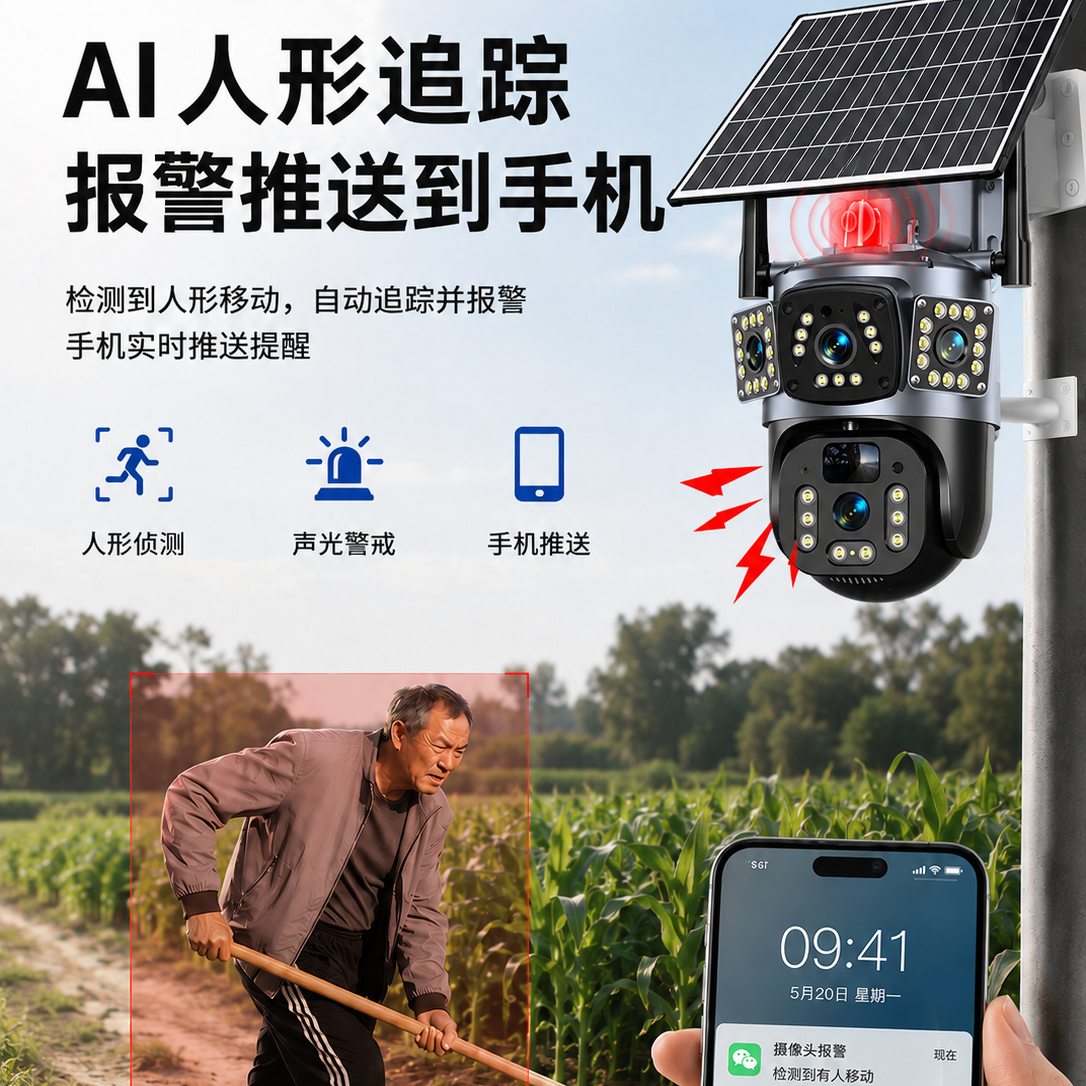 猎腾【无电无网适用】太阳能监控摄像头360度全景无死角全彩夜视追踪终身免流量室外农村户外高清 三画面+双镜头-双太阳能板 终生免流量不用WiFI