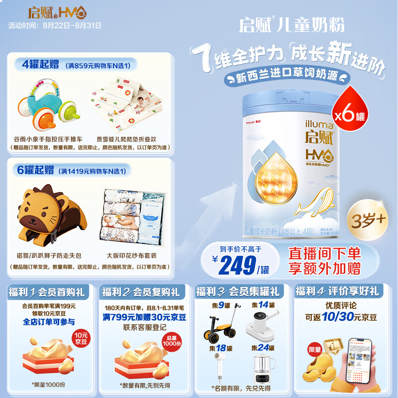 惠氏（Wyeth）【全新7维进阶】启赋蓝钻4段 HMO儿童成长奶粉810g*6罐