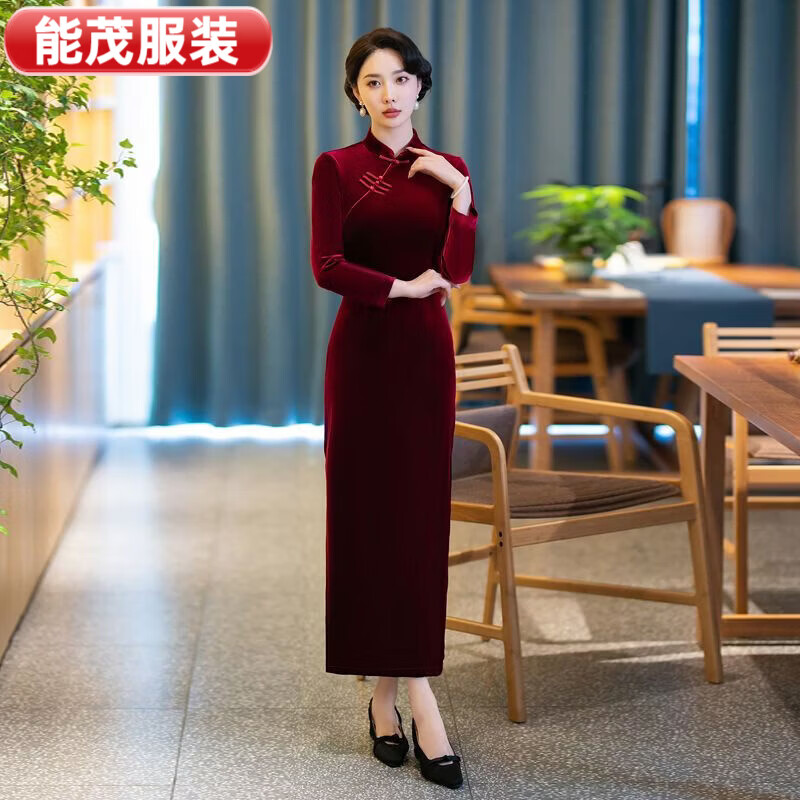 萱眸春秋新款中长旗袍连衣裙长袖女士纯色冬季旗袍女妈妈加厚 黑色 M