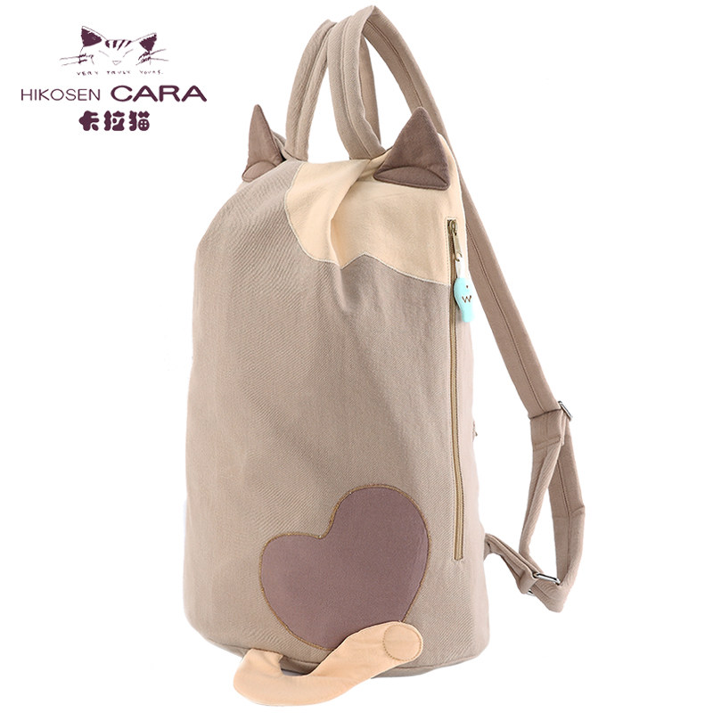 HIKOSEN CARA卡拉猫双肩包可爱猫咪森系日系学生书包背包休闲包包 卡其色