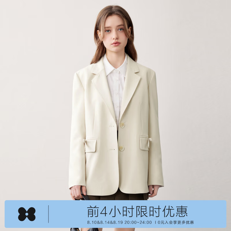 乐町韩系学院风秋季新款口袋蝴蝶结设计感休闲宽松西装外套 米白(现货) M