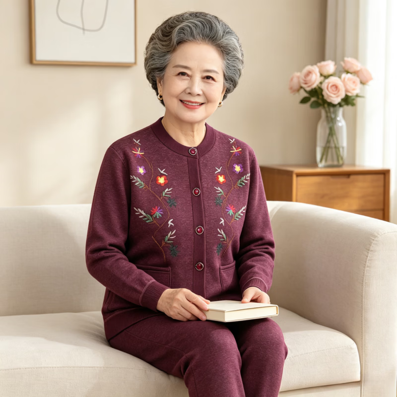 妈妈冬装保暖内衣套装加绒加厚中老年人秋冬开衫棉袄奶奶装外套女 豆沙色【套装】 XL 建议90-105斤