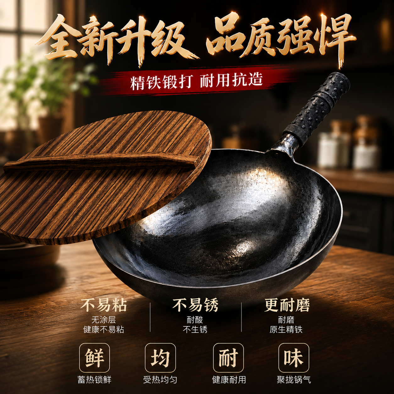 章丘炒锅铁锅家用炒菜锅手工锻打圆底旗舰不粘锅无涂层古法大黑锅 32厘米宗师手工黑锅【赠木盖】 32cm