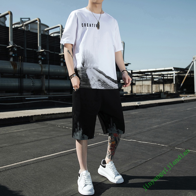 短衣短裤一套男短袖t恤套装男士夏季韩版潮牌休闲运动短衣短裤男装