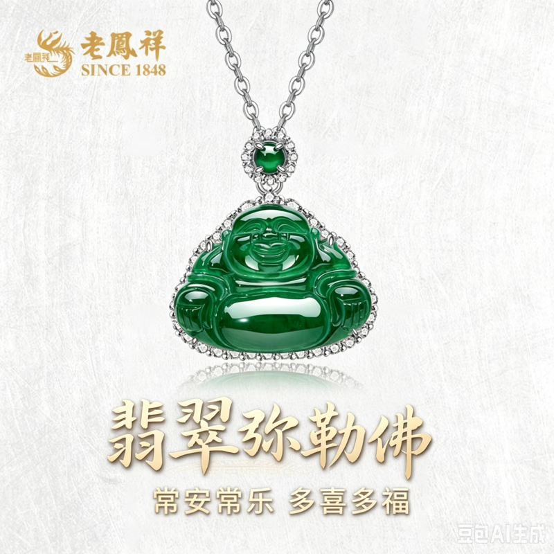 老凤祥翡翠吊坠女镶锆石笑口常开弥勒佛翡翠项链送老婆送妈妈生日礼物 弥勒佛翡翠吊坠【附送证书】