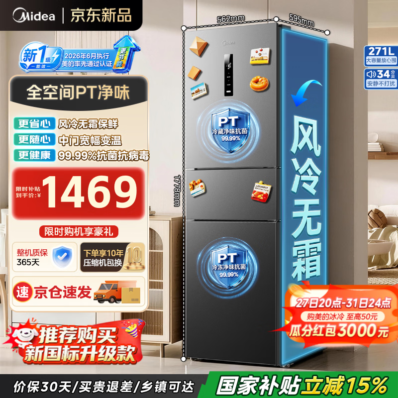 美的冰箱一级能效双净味三门冰箱271L钛钢灰-星烁 1457.2元 - 86线报