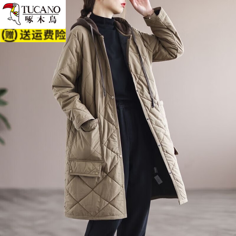 啄木鸟(TUCANO)尾单菱形格棉衣外套宽松大码休闲中长款棉服女 卡其色 L 115-125斤 京东折扣/优惠券