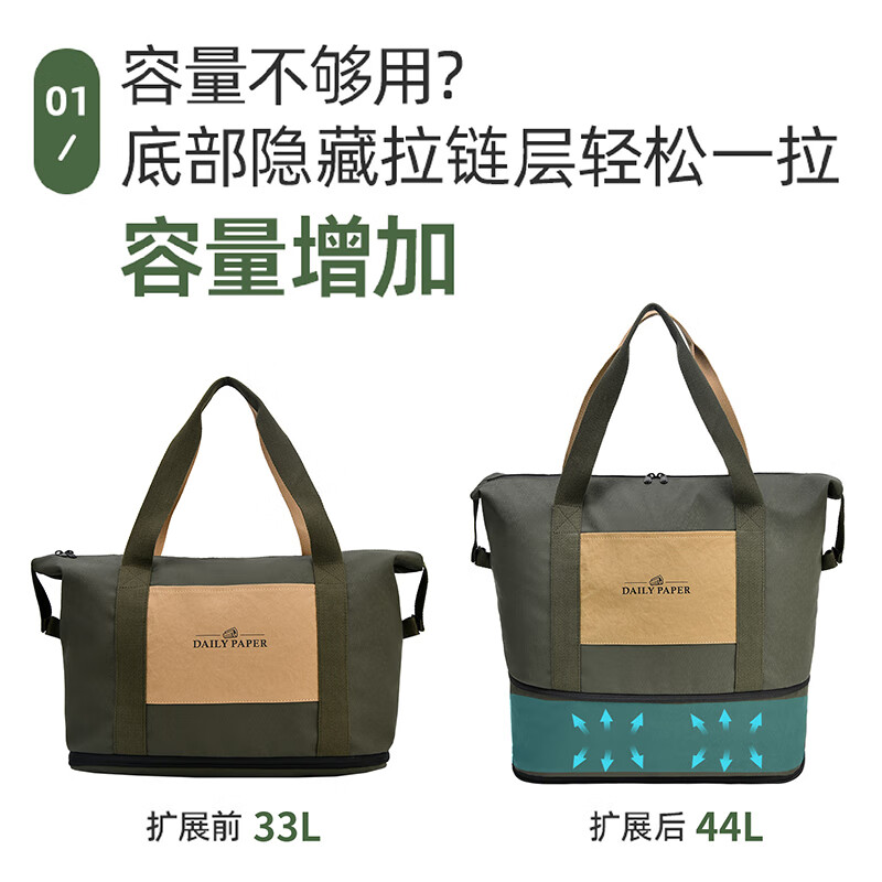 DAILY PAPER可扩容旅行袋大容量防水出差行李包手提短途旅游包登机包男女通用 草绿色/卡其 44L