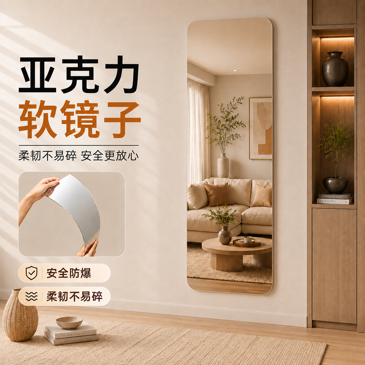 佑升亚克力软镜子全身镜贴墙自粘穿衣镜宿舍家用试衣镜宿舍镜子40*150