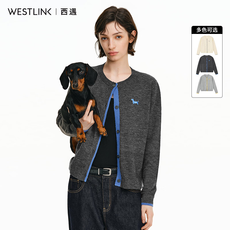 西遇（Westlink）撞色边小狗刺绣针织开衫女2026秋季圆领短款简约长袖毛衣外套 深灰色 付款15天 M (160)
