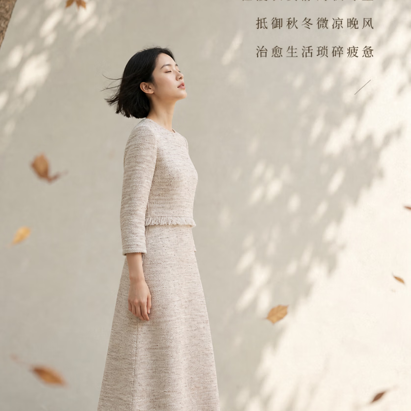 邹茉气质优雅针织连衣裙女2026秋季新款小香风套装裙子 卡其色 S