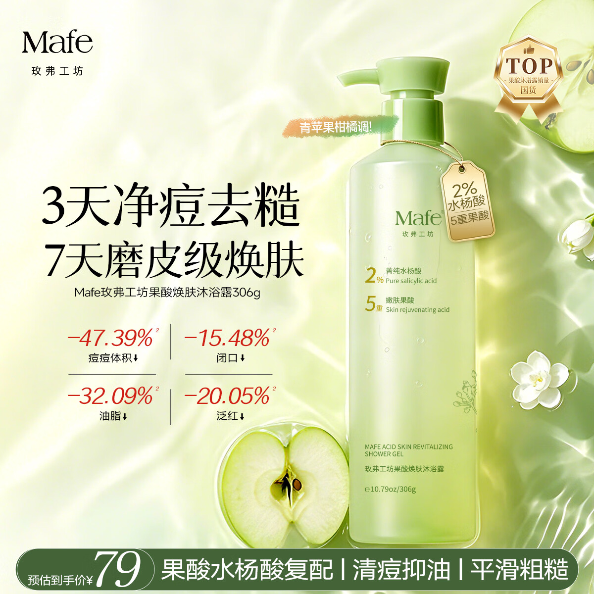 Mafe玫弗工坊果酸焕肤沐浴露水杨酸除螨控油祛痘持久留香嫩肌沐浴液女男士306g