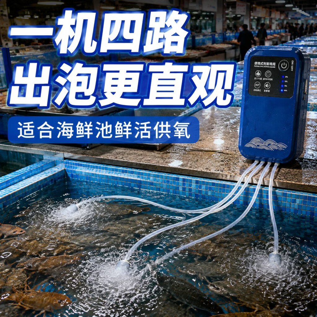鱼缸增氧泵户外钓鱼桶氧气泵充电两用打氧机养鱼家用静音制氧专用 家用静音【20w四孔】电池7500毫安·3档