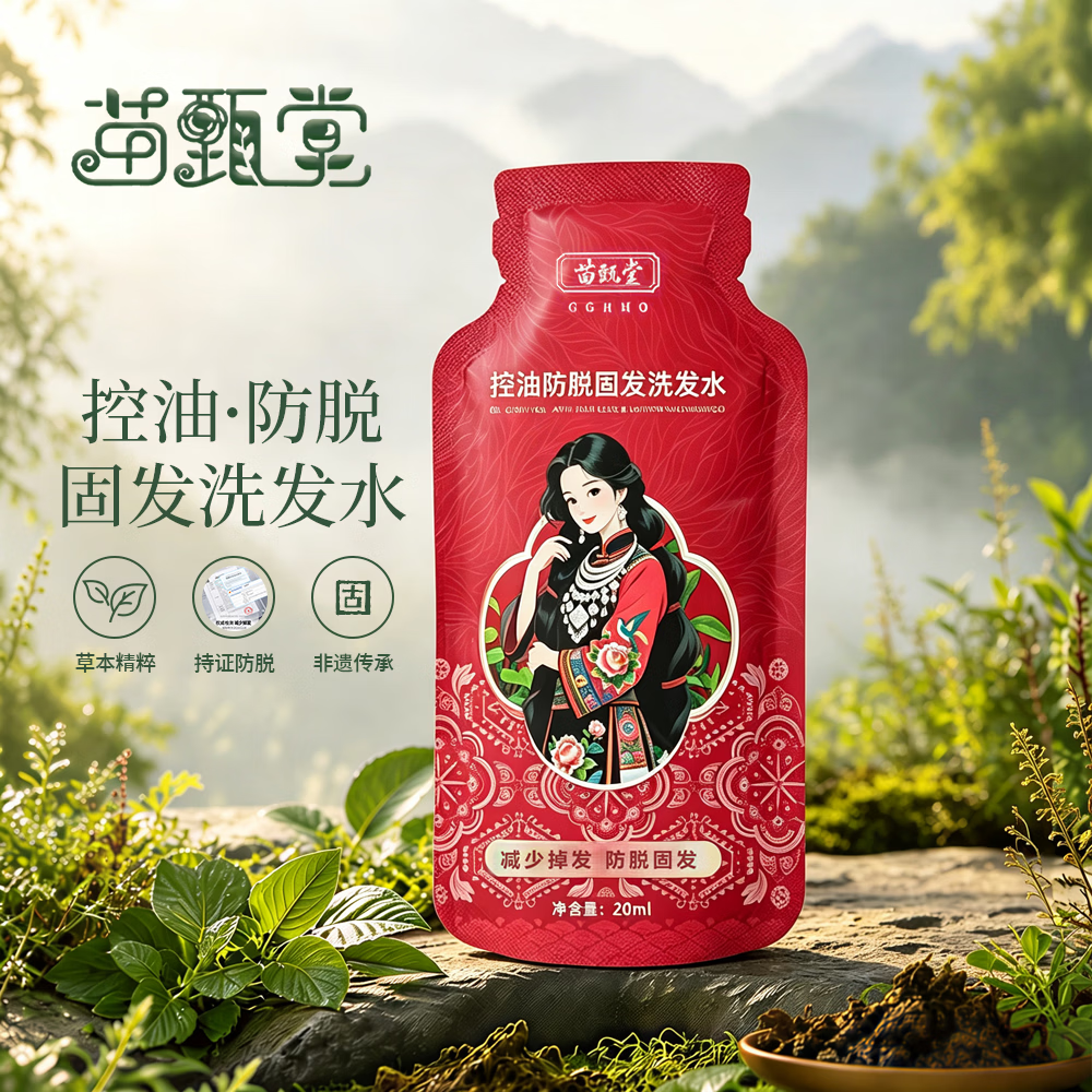 苗甄堂洗发水20袋装 无盒装便捷旅行装 防脱控油固发 适合掉发脱发人群 20ml*20袋装,无外包装盒,介意勿拍