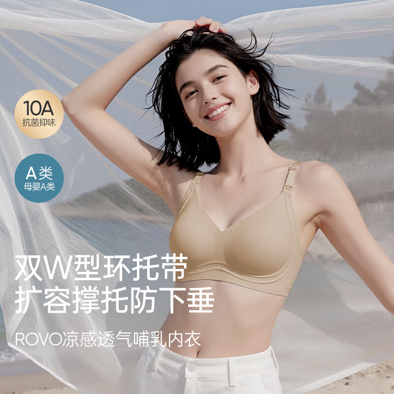 ROVO 哺乳内衣夏季薄款喂奶专用怀孕期文胸罩可穿睡觉大码聚拢无痕 粉底液+香槟白 M
