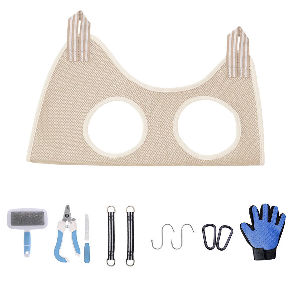 【精选直发】宠物吊床 猫咪狗狗指甲修剪中小型猫狗吊床宠物用品 L卡其色11件套