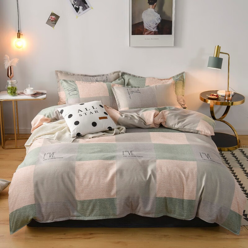 多兰诗(Duolanshi)春秋磨毛四件套 斜纹印花卡通套件被套床单宿舍四季床上四件套 方格日记 2.0米 床单款 /被套200*230 四件套