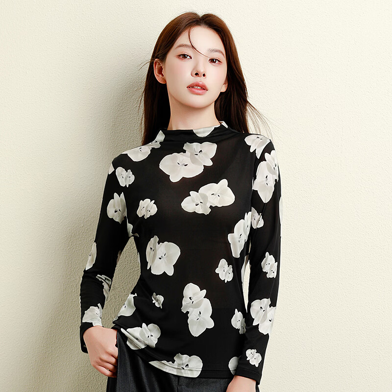 丝界26新款100%真丝打底衫女半高领花边内搭秋冬洋气桑蚕丝显瘦上衣 【半高领】墨色幽兰 2XL