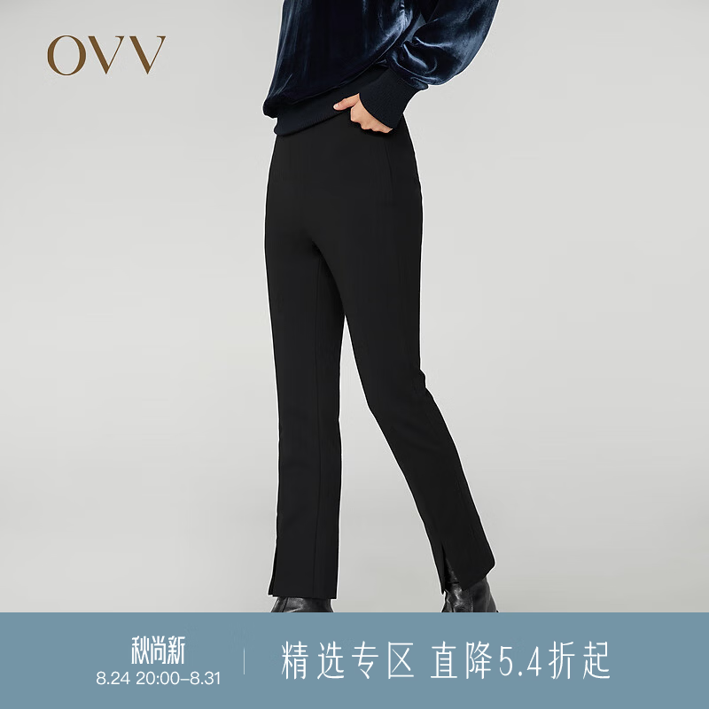 OVV2023秋冬新款女装弹力侧拉链开衩经典基础休闲通勤长裤 黑色(净色)A1 XL