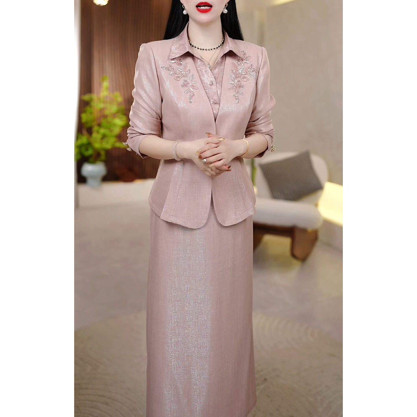 香影芬高档精致两件套连衣裙女2026年春秋新款流行妈妈长袖套装显瘦裙子 图片色 XL (建议111-120斤)