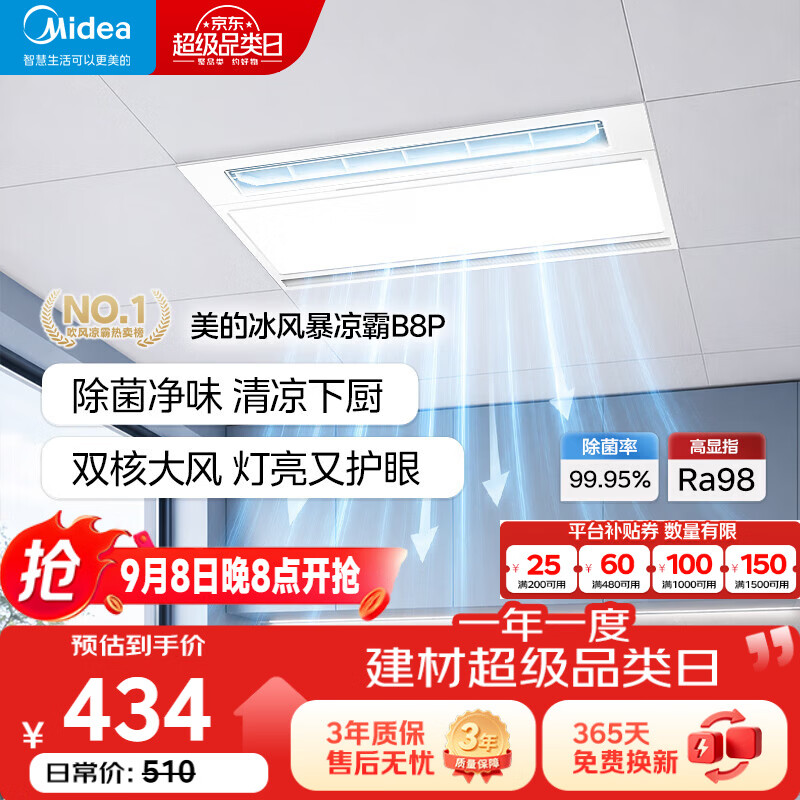美的（Midea）凉霸厨房卫生间集成吊顶照明一体遥控排气换气吹风负离子除菌B8P