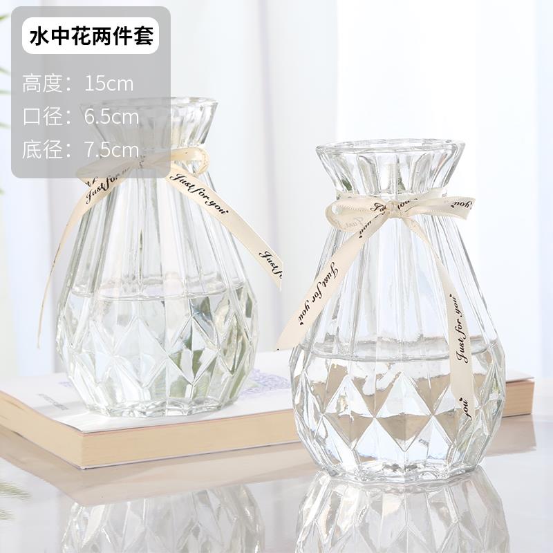 【二件套】玻璃干花透明花瓶欧式水培绿萝植物花瓶客厅摆件百合插 15水中花透明2个