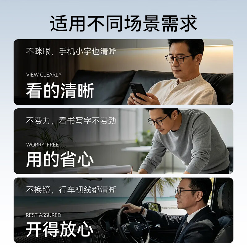 蔡司(ZEISS)远中近三用老花镜高清防蓝光智能变焦商务中老年定制看书不累花镜 黑银-进口钛材【远近两用】专利技术 视野增大 不头晕 防蓝光老花+100度(建议40-49岁)
