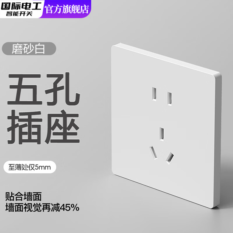 国际电工86型超薄开关插座面板家用哑光磨砂白色16A空调暗装一开单控5五孔 正五孔-磨砂白