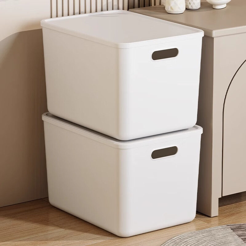 稻草熊杂物玩具零食储物盒收纳箱大容量超大家用衣服塑料收纳盒整理盒筐 纯白/特大号（带盖） 超值2个装