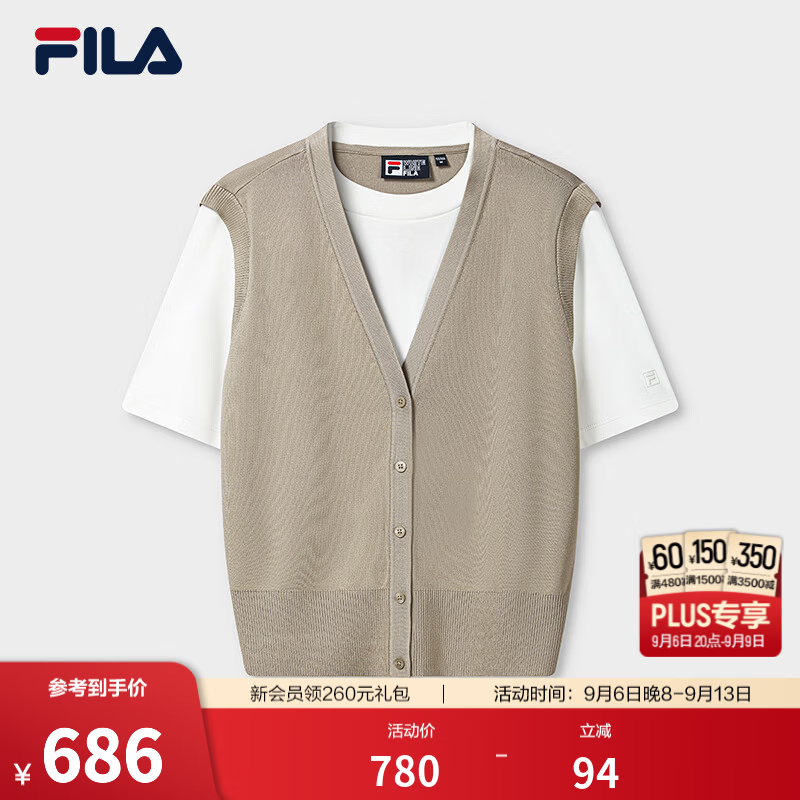FILA斐乐短袖T恤26秋季新款女士编织衫时尚休闲宽松假两件上衣 云白-WT M 165/84A/M