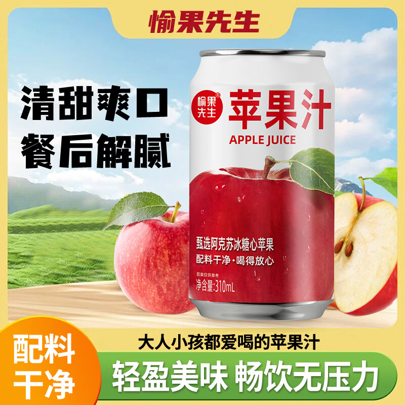 愉果先生苹果汁甄选新疆阿克苏红心苹果汁果蔬汁饮料清爽解渴商用官方正品 苹果汁310ml*24罐
