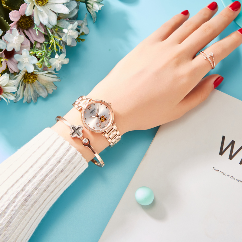 格玛仕(gemax)幸运女神全自动机械表女士手表女表品牌四叶草女生防水