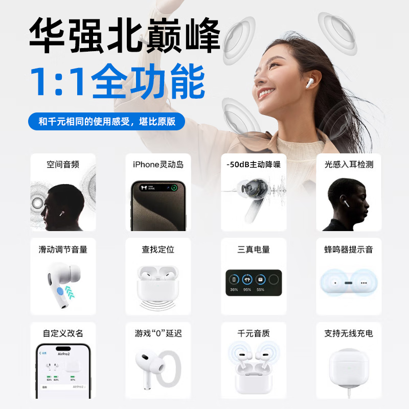 DIJO【华强北18代Pro8顶配】蓝牙耳机无线Air适用苹果主动降噪iphone15/14/13/12/五代ios入耳式运动 【全新升级全功能】滑动调节音量 50db主动降噪丨蜂鸣器丨入耳检测