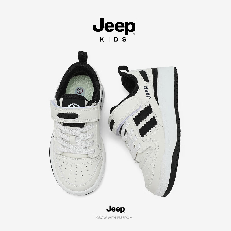 JEEP2026秋季新款魔术贴低帮休闲儿童百搭校园网面运动鞋板鞋 白黑 33