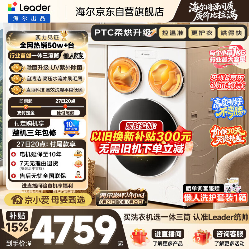 统帅(Leader)海尔【京东独家首发】懒人三筒洗衣机ProMax双烘版全自动12.5KGXQGL125-MHBLDE697WU1三桶