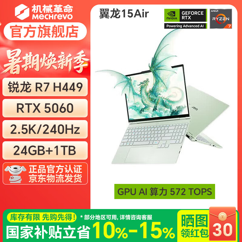 机械革命 2026 款翼龙 15 Air 笔记本 R7 H 449 版本发售：搭 24G + 1T + RTX5060 售 13999 元（国补后 9999 元）