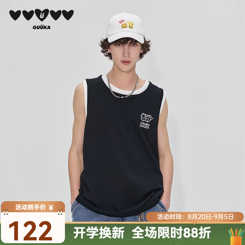 古由卡(GUUKA)x原田治联名夏季新款无袖t恤男潮牌美式运动坎肩健身篮球背心 黑色 B5970 2XL