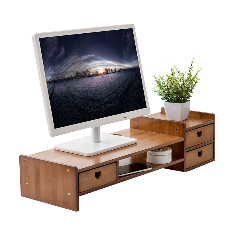 倍方 茶色爱心款三抽屉电脑显示器增高架 电脑支架 置物架 电脑底座 电脑增高架 显示器支架 显示器底座