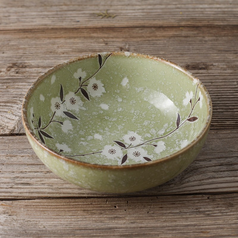爱悦烧日本进口陶瓷绿樱花釉下彩日式简约家用碗碟餐具 绿樱花19.5厘米钵