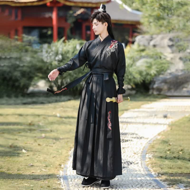 PHCP汉服男中国风古风武侠剑客男士大码公子学生班服套装秋冬古装衣服 火焰上衣+下裙+腰带 4XL使用感如何?