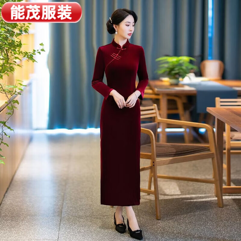 萱眸春秋新款中长旗袍连衣裙长袖女士纯色冬季旗袍女妈妈加厚 黑色 M
