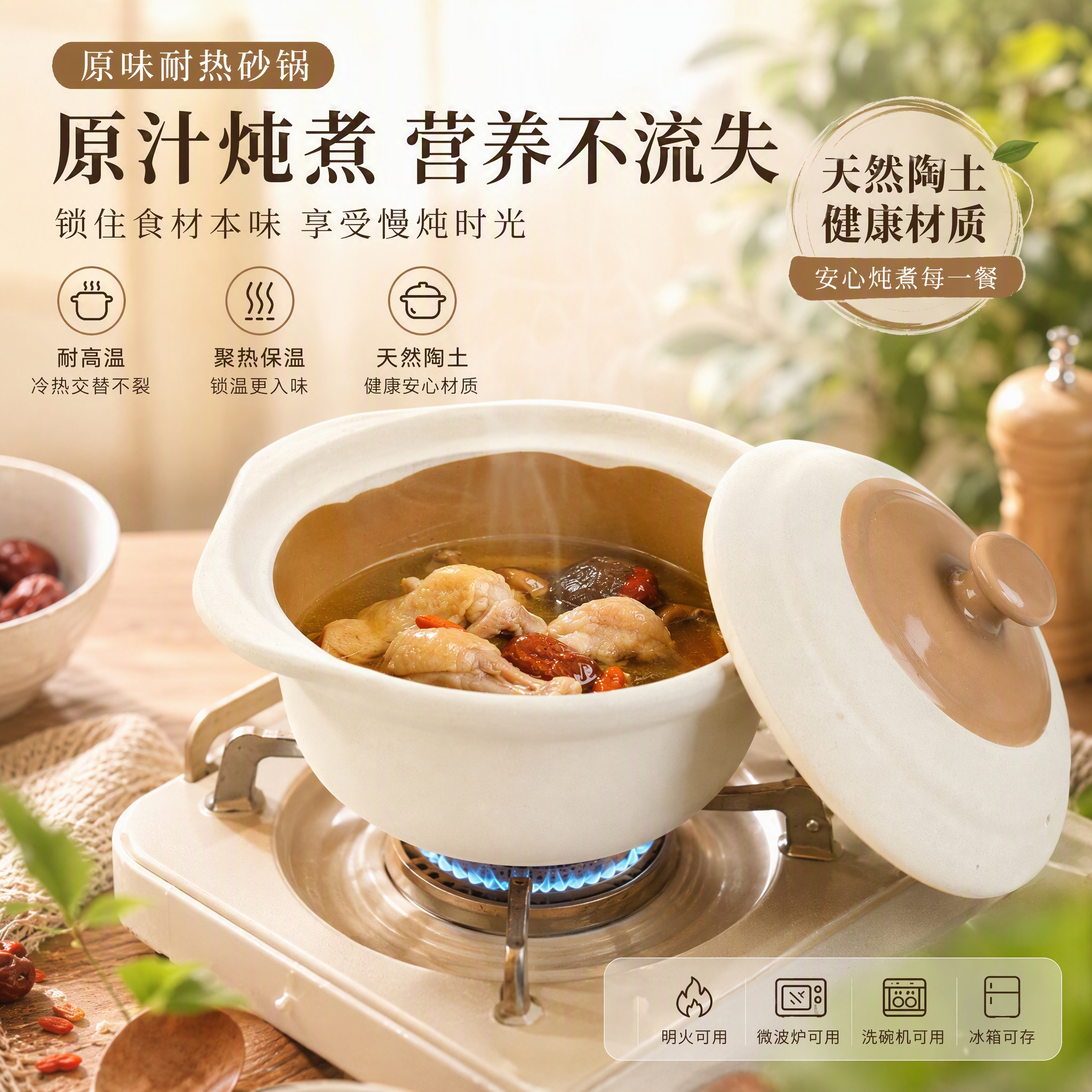 常康复古煲汤砂锅家用防干烧耐高温瓦煲燃气明火煲老式陶商用浅煲 炖锅干烧不易裂 2800ml