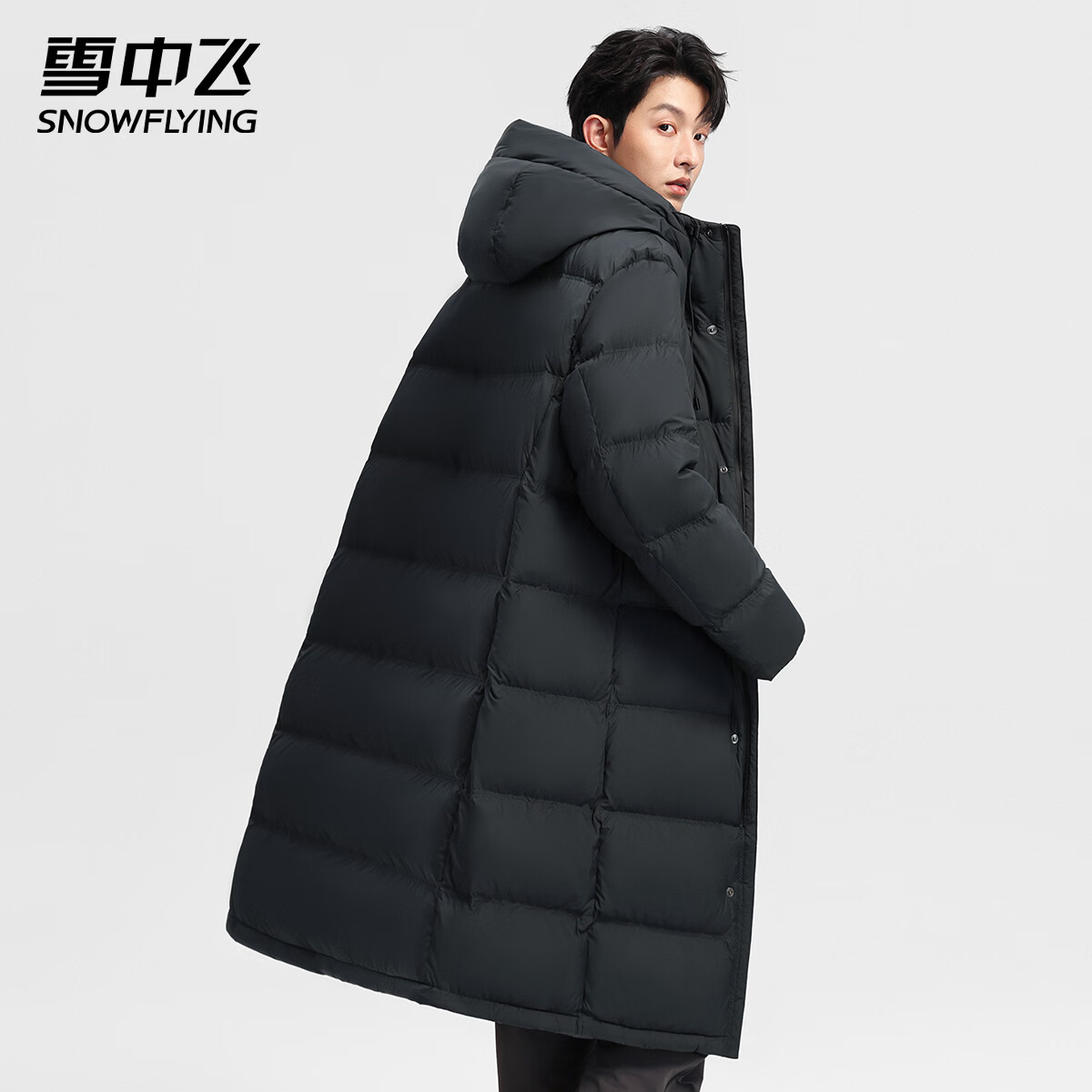 雪中飞男士羽绒服中长款冬季新款连帽运动休闲简约加厚保暖防寒羽绒外套 星耀黑 XL (180)