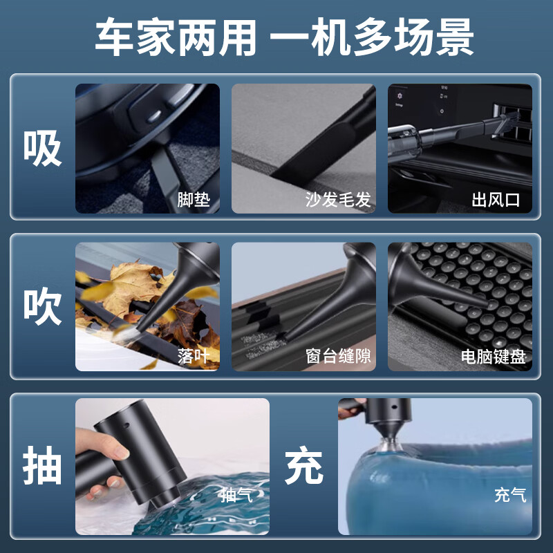 夏新(Amoi)车载吸尘器手持式家用小型无线大吸力汽车用高续航除尘器除皮屑桌面吸尘清洁宠物吸毛器除螨随手吸 星耀黑【吹吸抽充四合一】旗舰8件套-飓风超大吸力