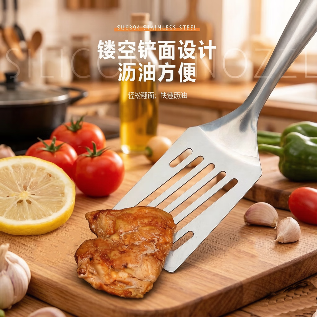 【精选直供】加厚不锈钢滤油煎铲家用炒菜漏铲防烫手柄厨房多功能 平煎铲【单支装】