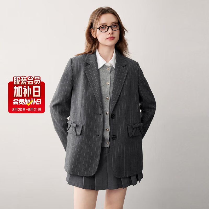 乐町格雷系廓形平驳领条纹西装外套秋季新款蝴蝶结设计感西服 黑白灰条(现货) S
