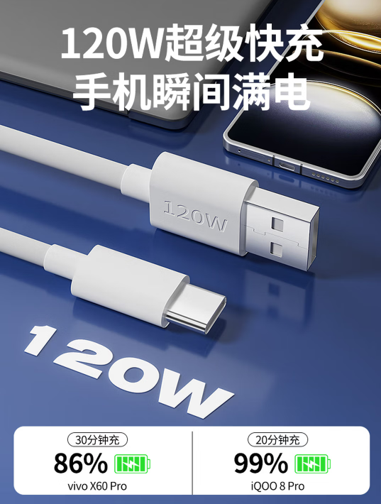 vivo适用原装VIVO数据线66W/80W/120W/200W闪充vivox90/X80充电线IQOONeo7/8/9/10/11Pro快充type-c线 适用vivo/IQOO数据线1.5米U-C